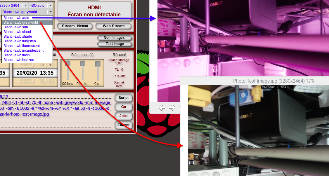 L'option blanc "greyworld" sur camera PiNoIR et RaspBerry Pi Zero en lumière du jour produit des couleurs plus naturelles et sans dominante pourpre à l'inverse de l'option blanc "auto".